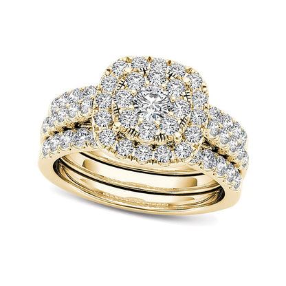 1.5 CT. TW Multi-Diamond Frame Three Piece Bridal Set in 14K Gold