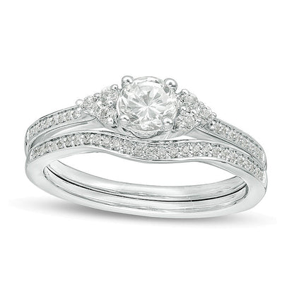 Lab-Created White Sapphire and 0.1 CT. TW Diamond Tri-Sides Bridal Set in Sterling Silver