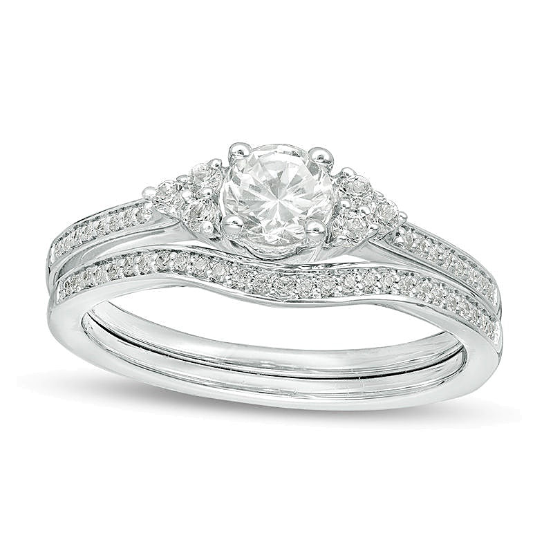 Lab-Created White Sapphire and 0.1 CT. TW Diamond Tri-Sides Bridal Set in Sterling Silver