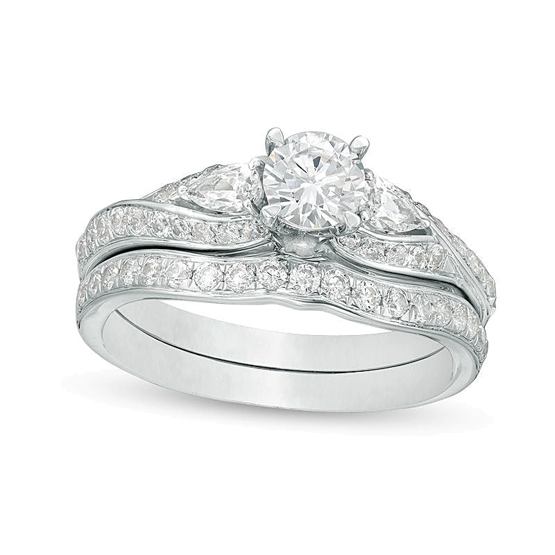 1.38 CT. TW Diamond Bypass Three Stone Bridal Set in 14K White Gold