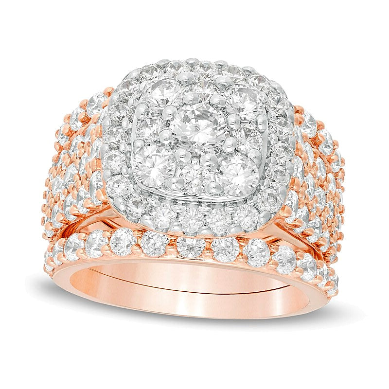 3.75 CT. TW Diamond Double Cushion Frame Multi-Row Three Piece Bridal Set in 10K Rose Gold
