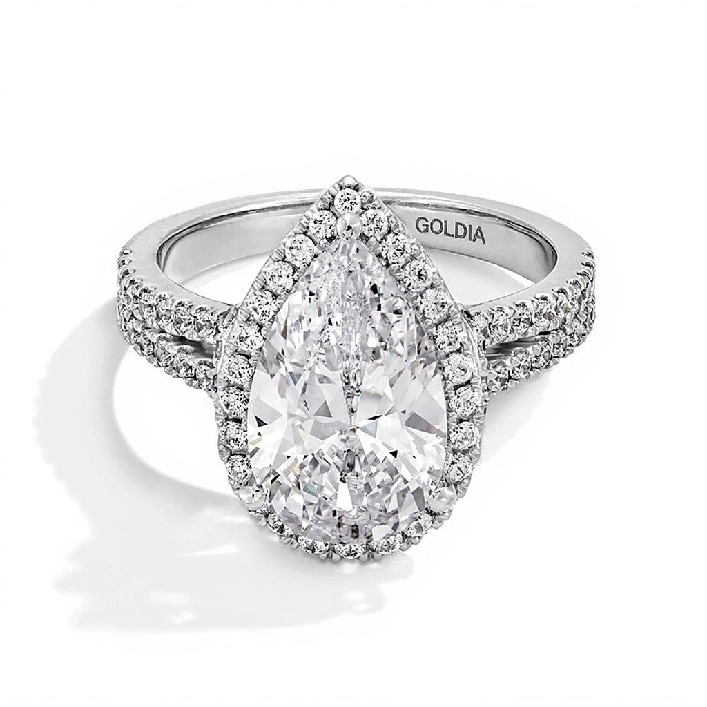3.63 CT. TW Pear-Shaped Lab-Grown Diamond Frame Split Shank Engagement Ring in 14K White Gold (F/VS2)