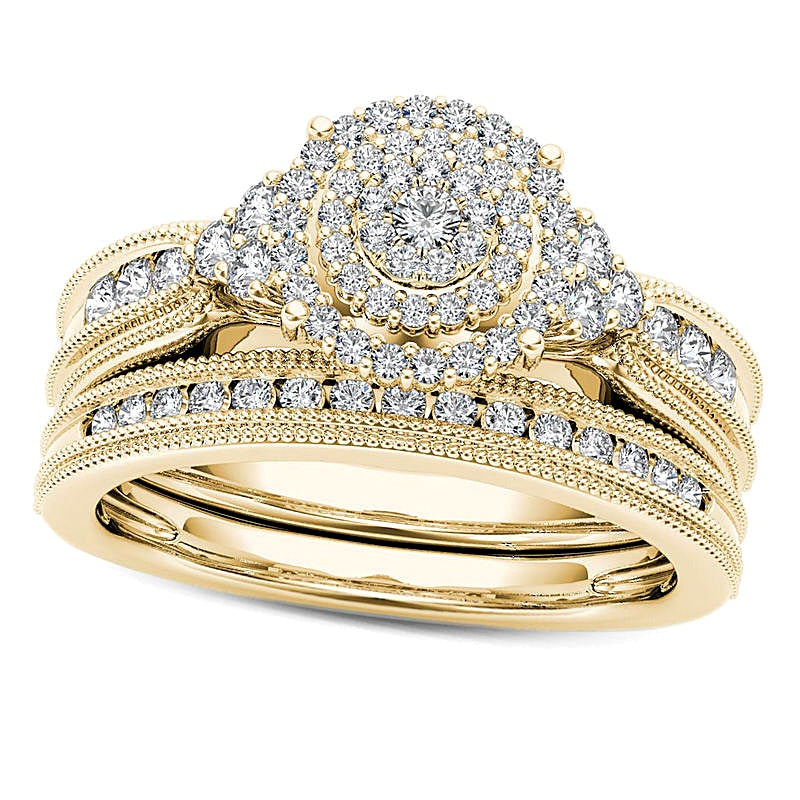 0.5 CT. TW Diamond Triple Frame Tri-Sides Vintage-Style Bridal Set in 10K Gold