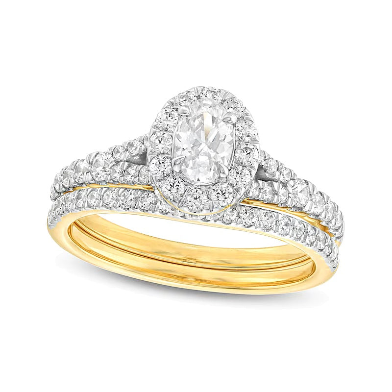 1.25 CT. TW Oval Diamond Frame Split Shank Bridal Set in 14K Gold