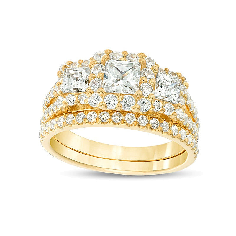 2.2 CT. TW Princess-Cut Diamond Three Stone Frame Bridal Set in 14K Gold