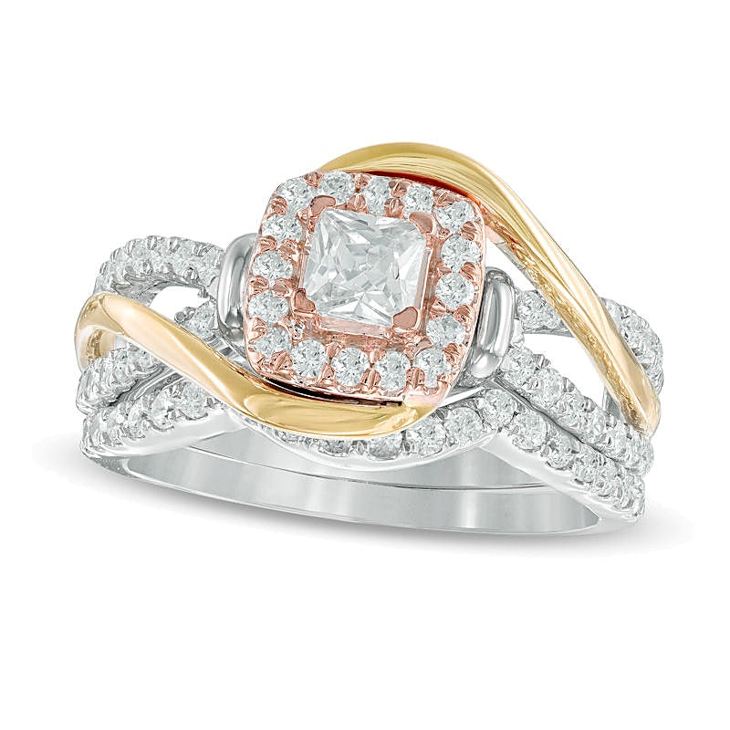 1.0 CT. TW Princess-Cut Diamond Square Frame Swirl Bridal Set in 10K Tri-Tone Gold