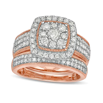 1.33 CT. TW Composite Cushion Diamond Frame Multi-Row Vintage-Style Bridal Set in 10K Rose Gold