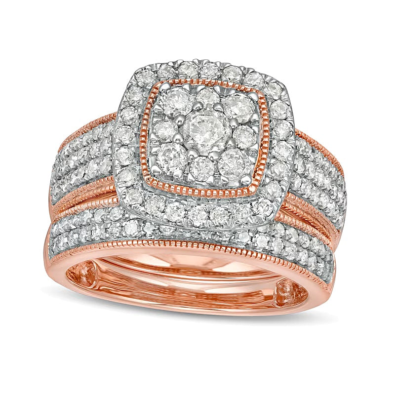 1.33 CT. TW Composite Cushion Diamond Frame Multi-Row Vintage-Style Bridal Set in 10K Rose Gold