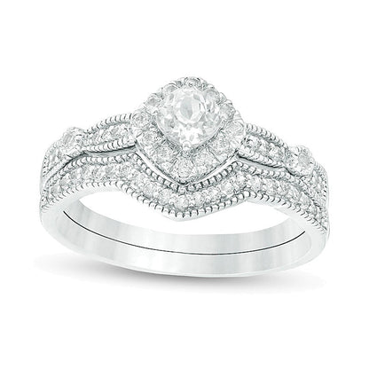 4.0mm Cushion-Cut Lab-Created White Sapphire Frame Vintage-Style Bridal Set in 10K White Gold