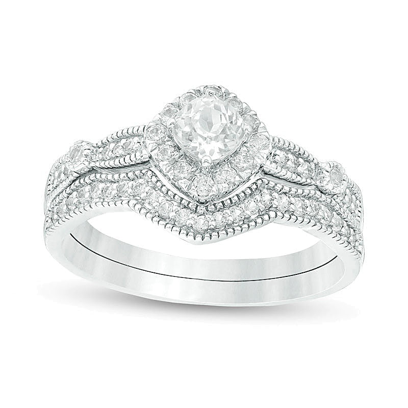 4.0mm Cushion-Cut Lab-Created White Sapphire Frame Vintage-Style Bridal Set in 10K White Gold