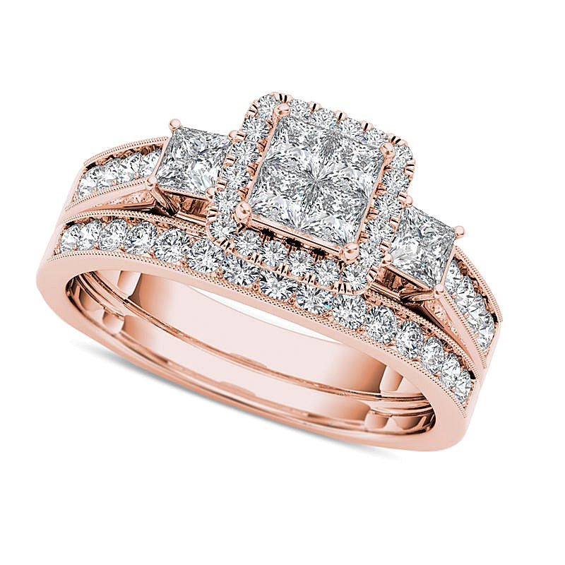 1.0 CT. TW Quad Princess-Cut Diamond Three Stone Frame Vintage-Style Bridal Set in 14K Rose Gold