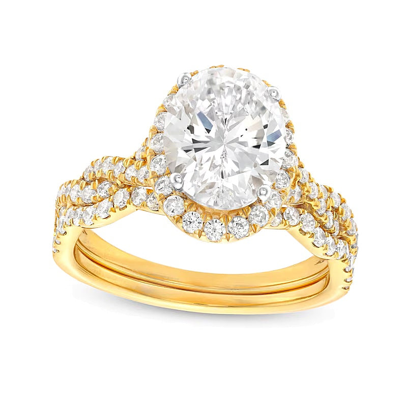 2.63 CT. TW Oval Lab-Grown Diamond Frame Twist Shank Bridal Set in 14K Gold (I/SI2)