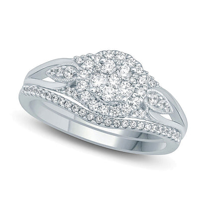0.5 CT. TW Composite Diamond Flower Frame Petal-Sides Bridal Set in 10K White Gold