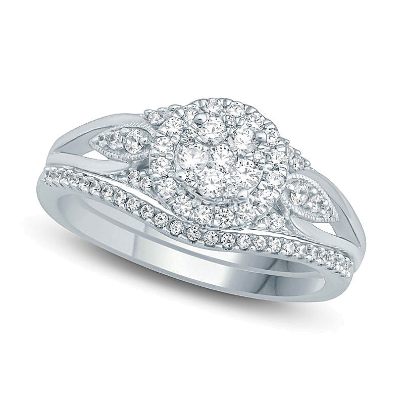 0.5 CT. TW Composite Diamond Flower Frame Petal-Sides Bridal Set in 10K White Gold