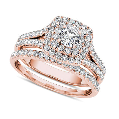 1.0 CT. TW Diamond Double Cushion Frame Split Shank Bridal Set in 14K Rose Gold
