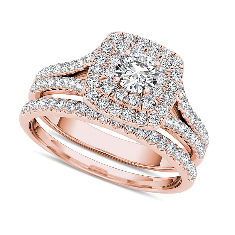1.0 CT. TW Diamond Double Cushion Frame Split Shank Bridal Set in 14K Rose Gold