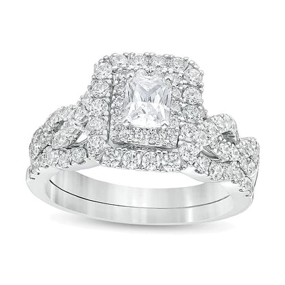 1.5 CT. TW Radiant-Cut Diamond Frame Twist Shank Bridal Set in 14K White Gold (I/I1)
