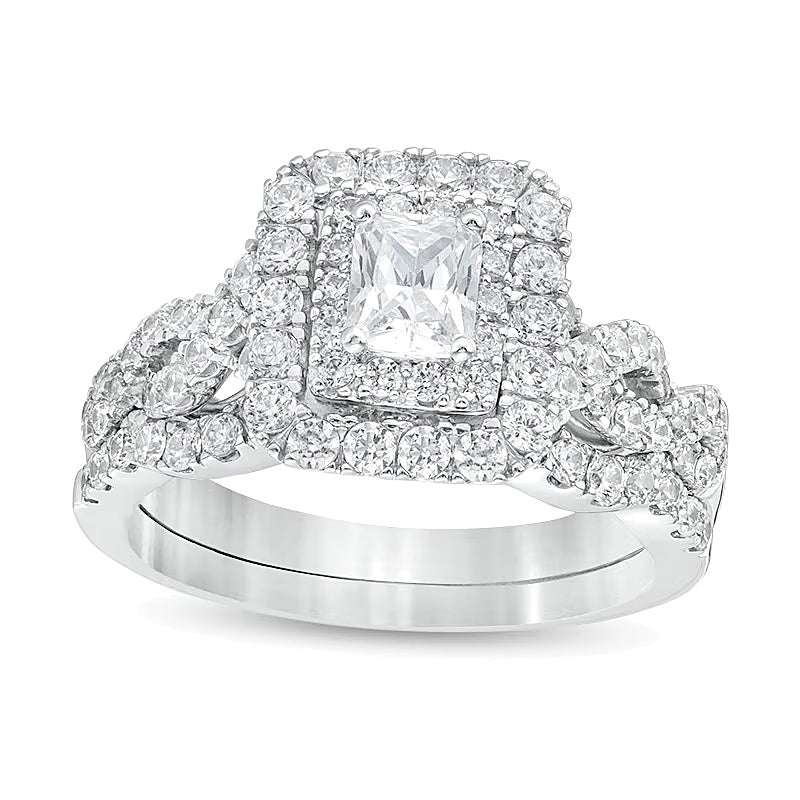 1.5 CT. TW Radiant-Cut Diamond Frame Twist Shank Bridal Set in 14K White Gold (I/I1)