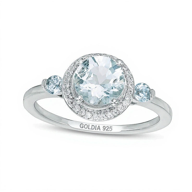 Aquamarine and 0.17 CT. TW Diamond Frame Three Stone Ring in Sterling Silver