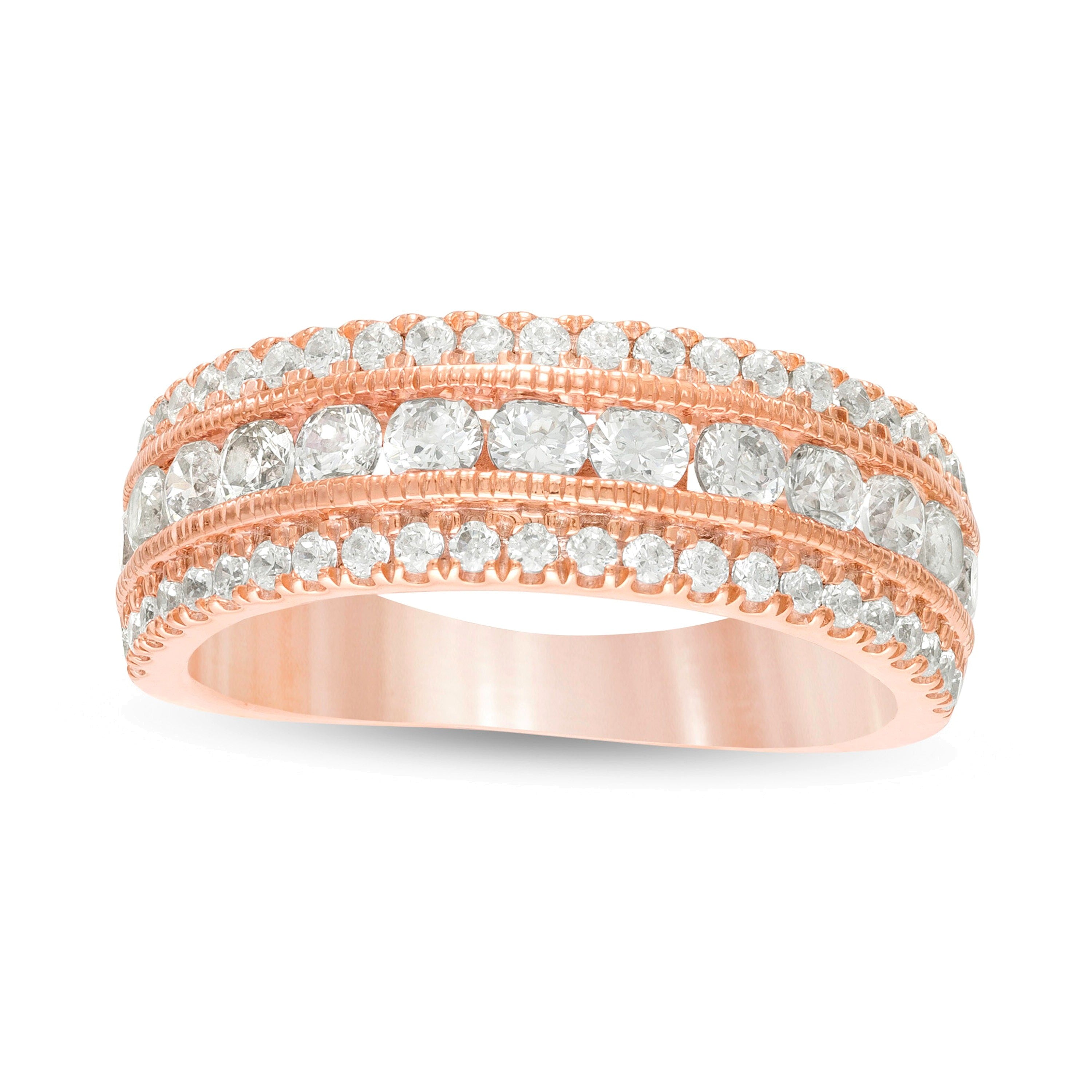 1.33 CT. TW Diamond Multi Row Vintage-Style Anniversary Ring in 10K Rose Gold