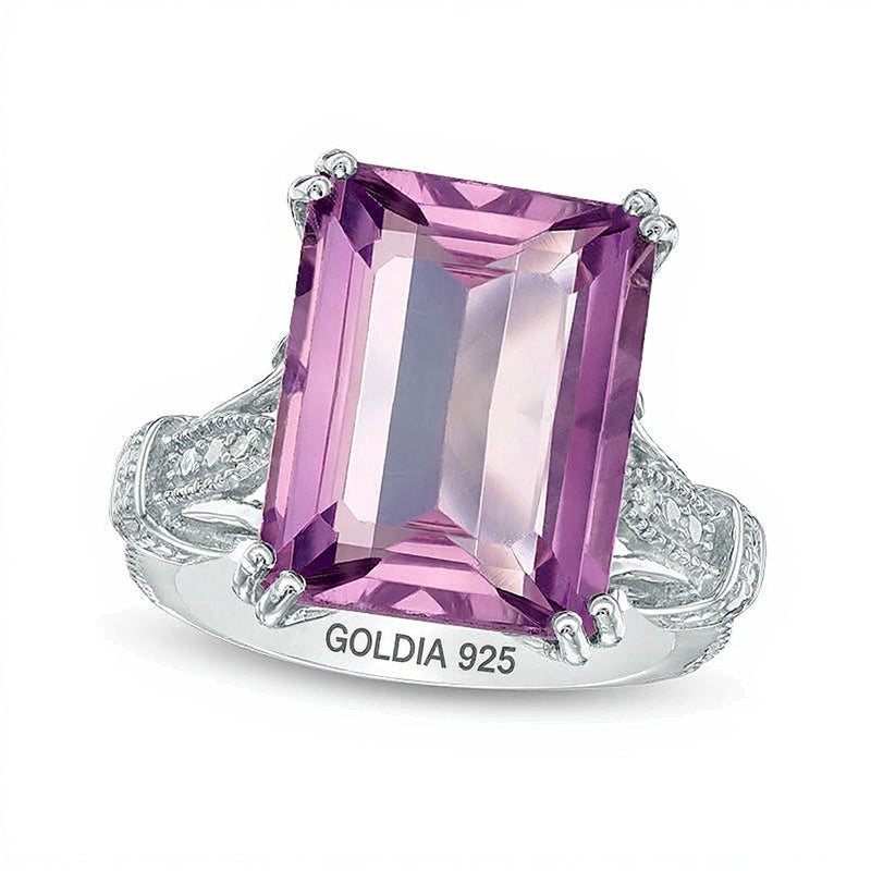 Emerald-Cut Amethyst and Diamond Accent Vintage-Style Ring in Sterling Silver