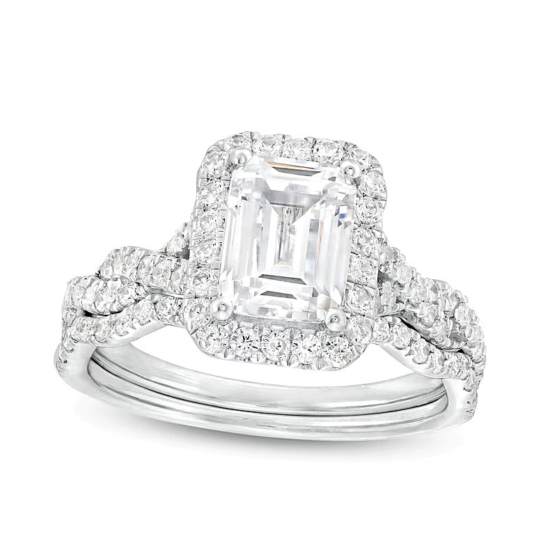 2.63 CT. TW Emerald-Cut Lab-Grown Diamond Frame Twist Shank Bridal Set in 14K White Gold (I/SI2)