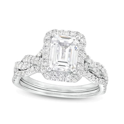 2.63 CT. TW Emerald-Cut Lab-Grown Diamond Frame Twist Shank Bridal Set in 14K White Gold (I/SI2)