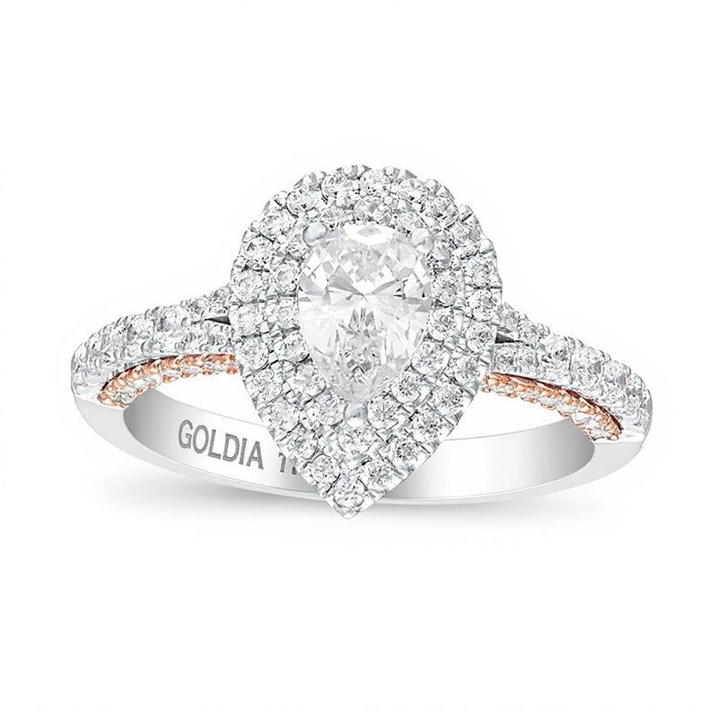 1.38 CT. TW Pear-Shaped Diamond Double Frame Vintage-Style Engagement Ring in 14K Two-Tone Gold