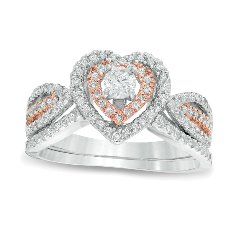 0.63 CT. TW Diamond Double Heart Frame Bridal Set in 10K Two-Tone Gold