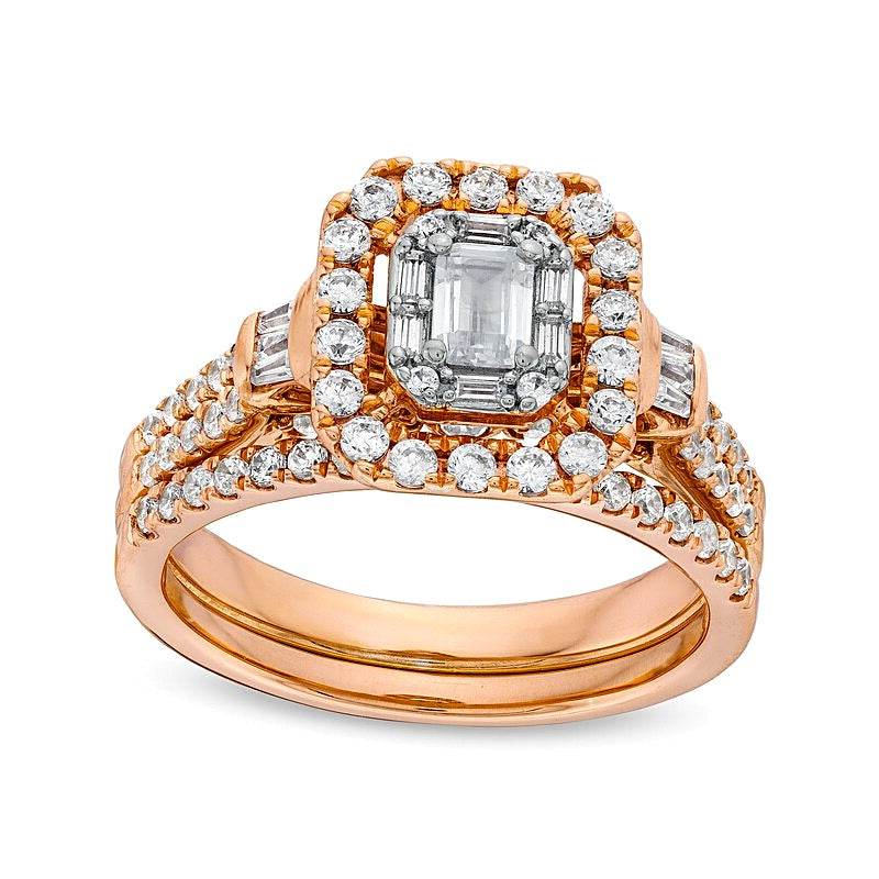 1.0 CT. TW Emerald-Cut Diamond Double Row Bridal Set in 10K Rose Gold