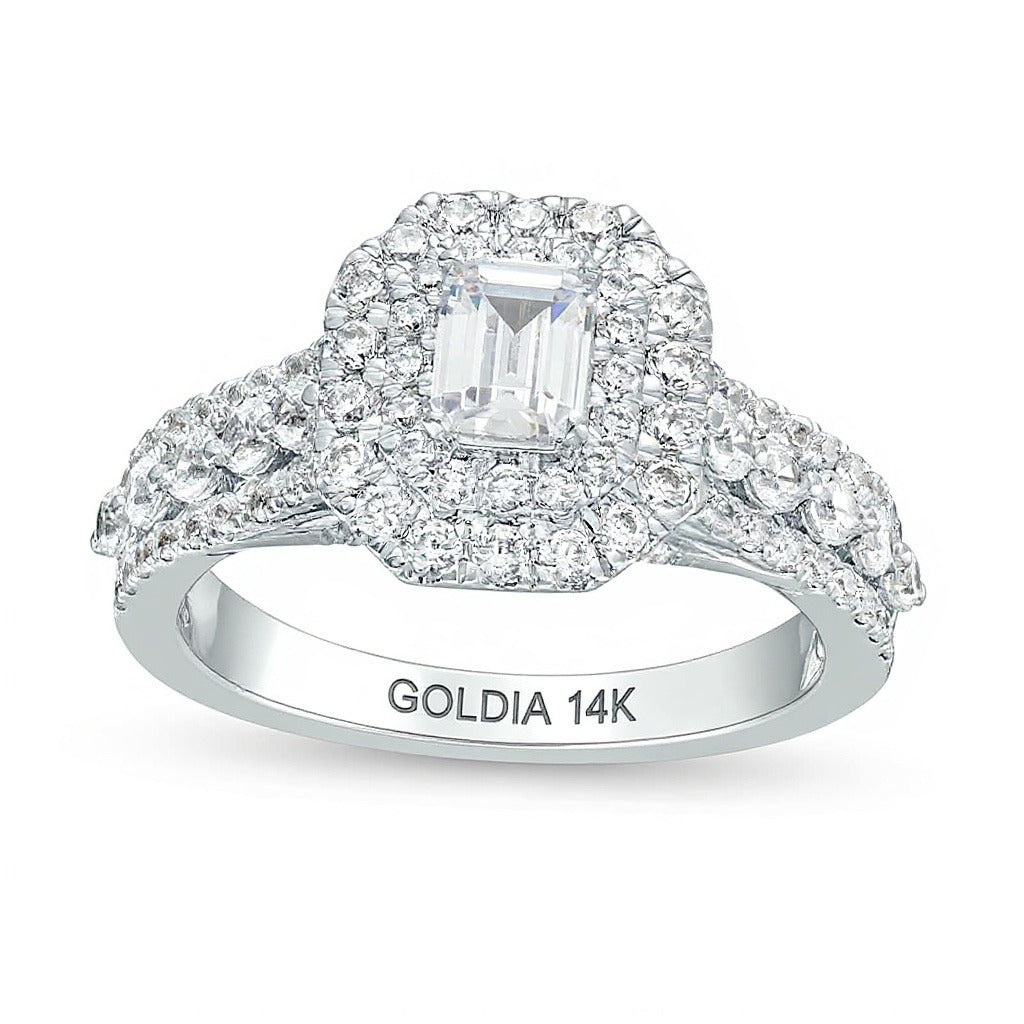 1.5 CT. TW Emerald-Cut Lab-Grown Diamond Double Frame Engagement Ring in 14K White Gold (F/VS2)