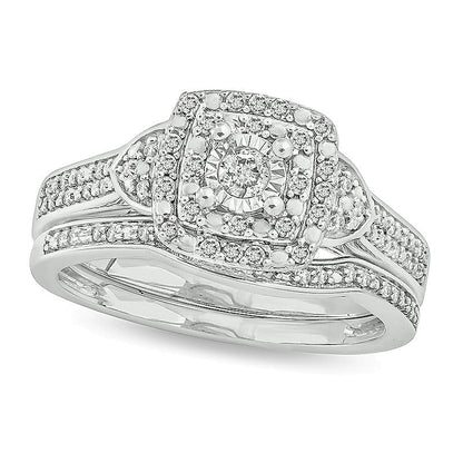 0.33 CT. TW Diamond Double Square Frame Tri-Sides Bridal Set in Sterling Silver