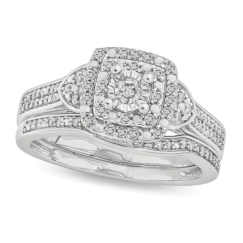 0.33 CT. TW Diamond Double Square Frame Tri-Sides Bridal Set in Sterling Silver