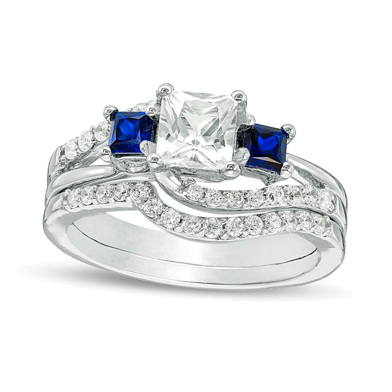 Princess-Cut Lab-Created Blue and White Sapphire with 0.38 CT. TW Diamond Three Stone Bridal Set in Sterling Silver