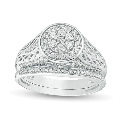 0.5 CT. TW Composite Diamond Double Frame Filigree Bridal Set in Sterling Silver