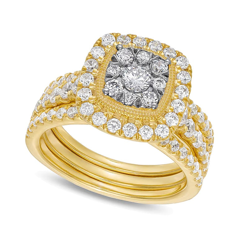 1.5 CT. TW Cushion Multi-Diamond Frame Three Piece Bridal Set in 10K Gold