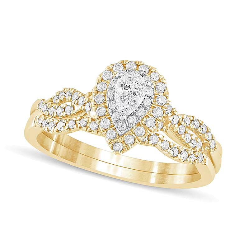 0.5 CT. TW Pear-Shaped Diamond Double Frame Multi-Row Bridal Set in 10K Gold