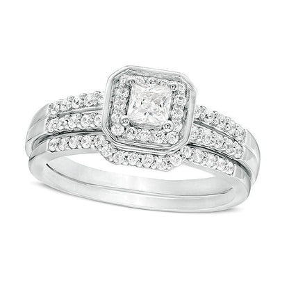 0.5 CT. TW Princess-Cut Diamond Cushion Frame Bridal Set in Sterling Silver