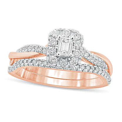 0.5 CT. TW Emerald-Cut Diamond Frame Twist Shank Bridal Set in 10K Rose Gold