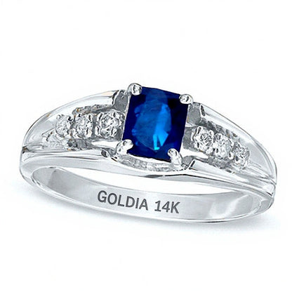 Emerald-Cut Blue Sapphire and Diamond Accent Engagement Ring in 14K White Gold