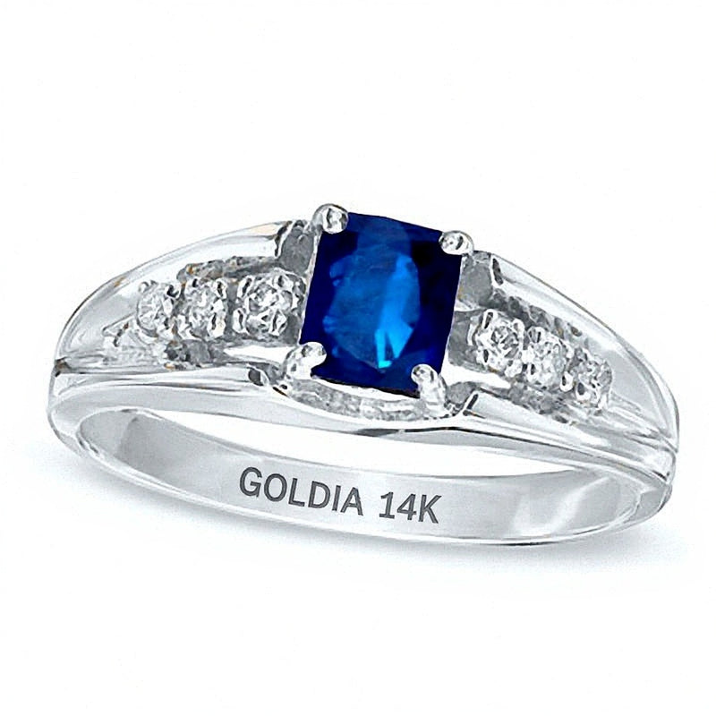 Emerald-Cut Blue Sapphire and Diamond Accent Engagement Ring in 14K White Gold