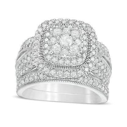 1.33 CT. TW Multi-Diamond Cushion Frame Vintage-Style Bridal Set in 10K White Gold