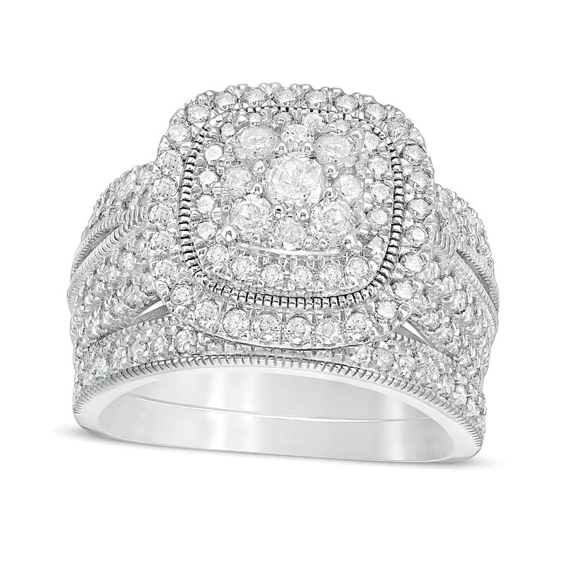 1.33 CT. TW Multi-Diamond Cushion Frame Vintage-Style Bridal Set in 10K White Gold