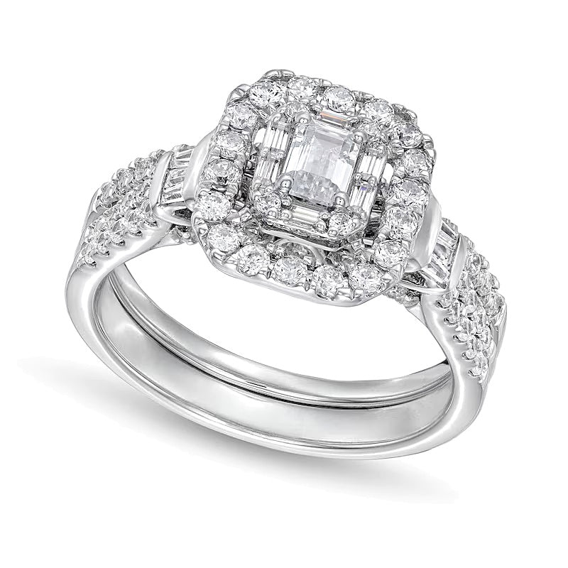 1.0 CT. TW Emerald-Cut Diamond Double Row Bridal Set in 10K White Gold