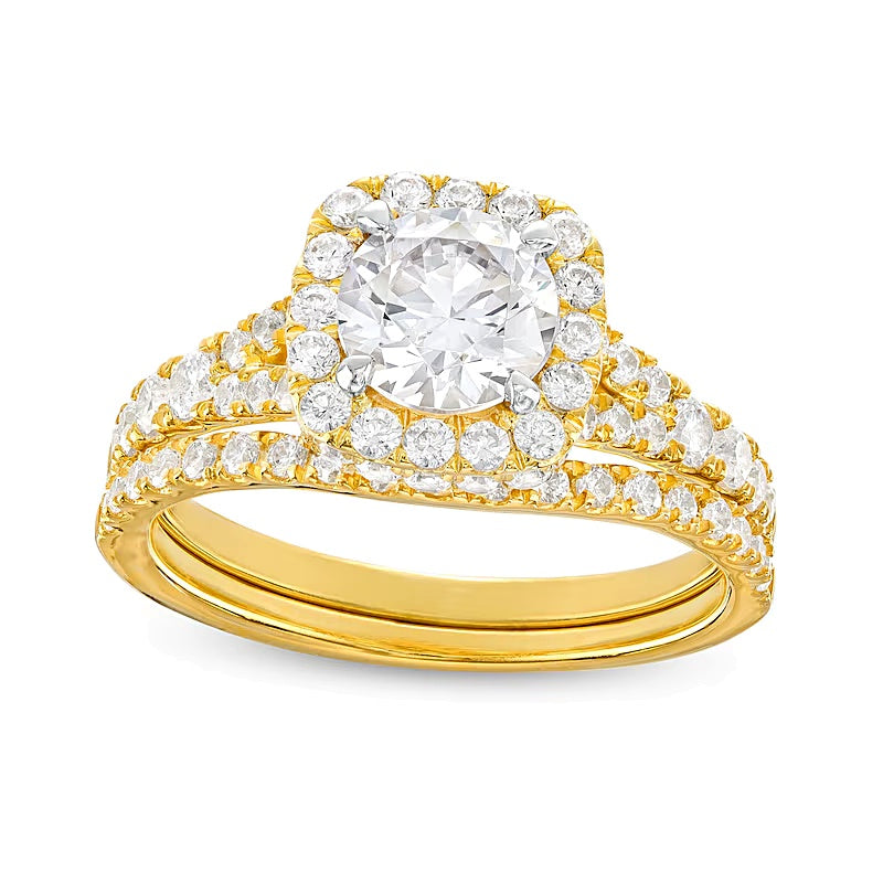 1.88 CT. TW Lab-Grown Diamond Cushion Frame Split Shank Bridal Set in 14K Gold (I/SI2)