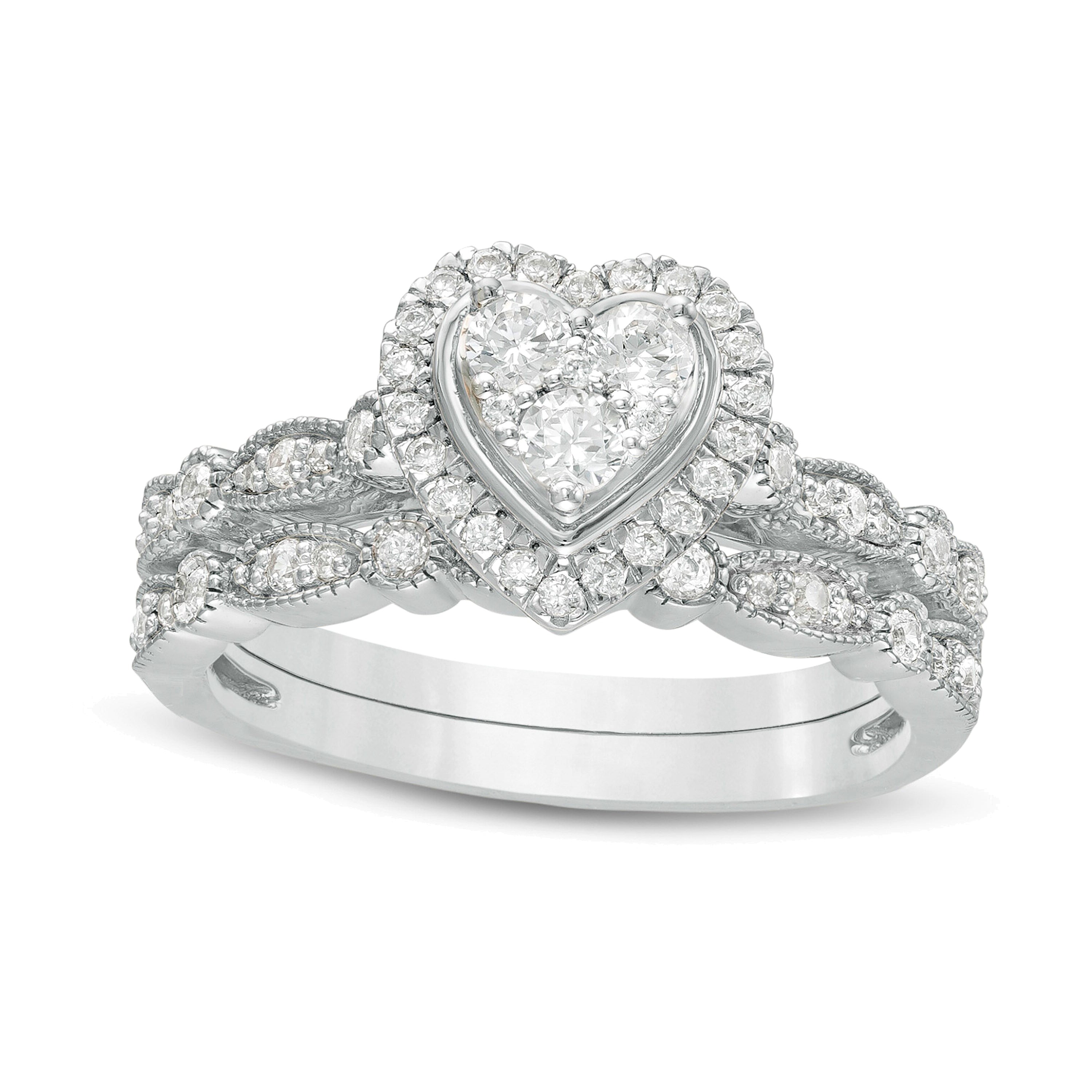 0.5 CT. TW Multi-Diamond Heart Frame Alternating Marquise Vintage-Style Bridal Set in 10K White Gold