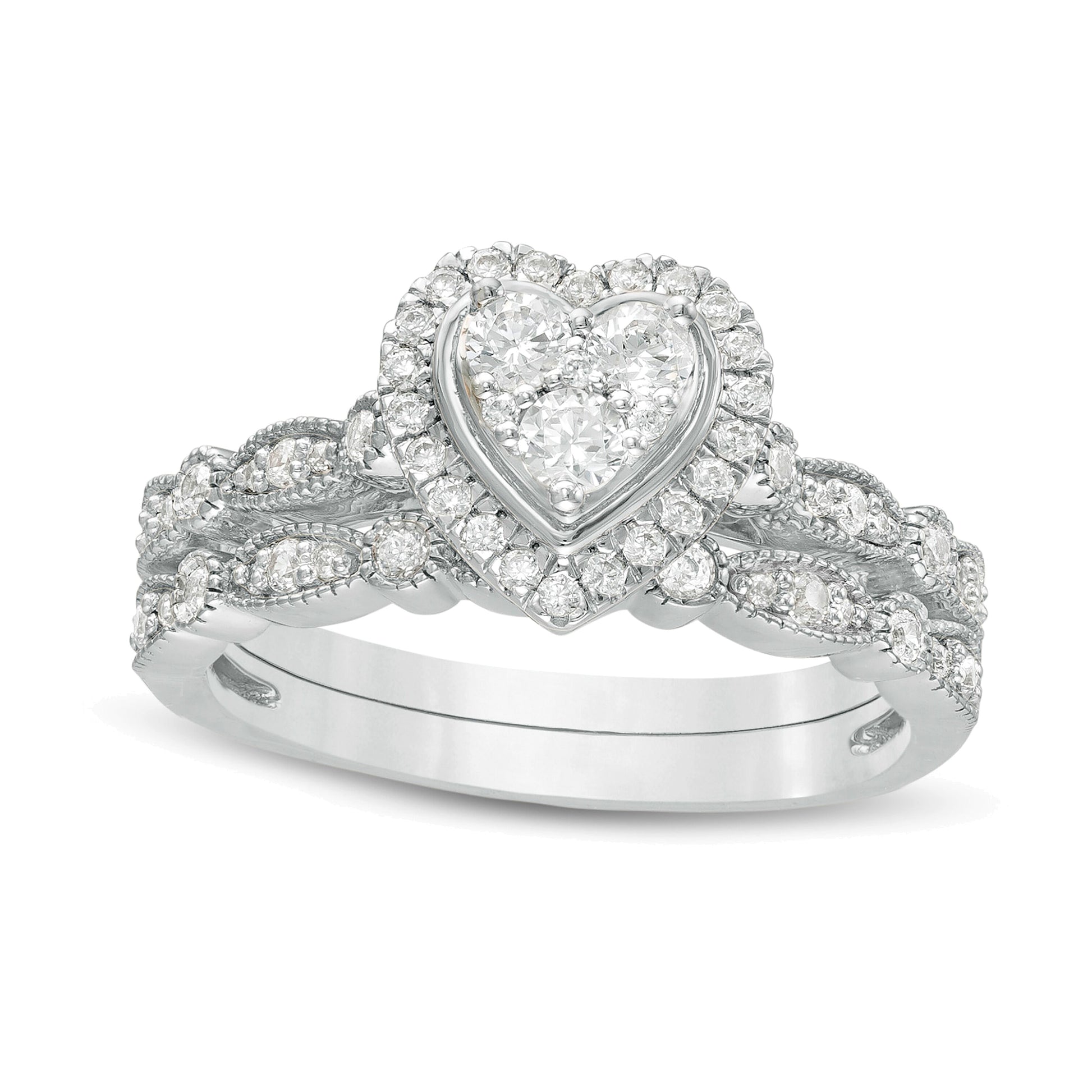 0.5 CT. TW Multi-Diamond Heart Frame Alternating Marquise Vintage-Style Bridal Set in 10K White Gold