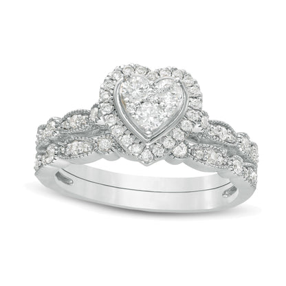 0.5 CT. TW Multi-Diamond Heart Frame Alternating Marquise Vintage-Style Bridal Set in 10K White Gold
