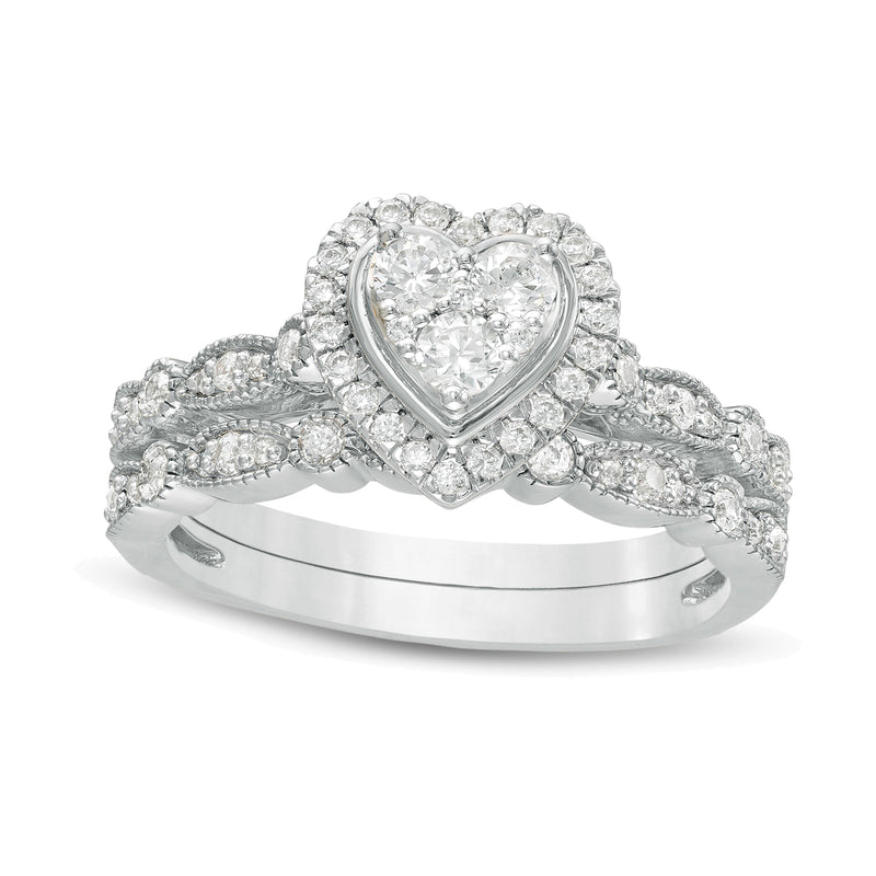 0.5 CT. TW Multi-Diamond Heart Frame Alternating Marquise Vintage-Style Bridal Set in 10K White Gold