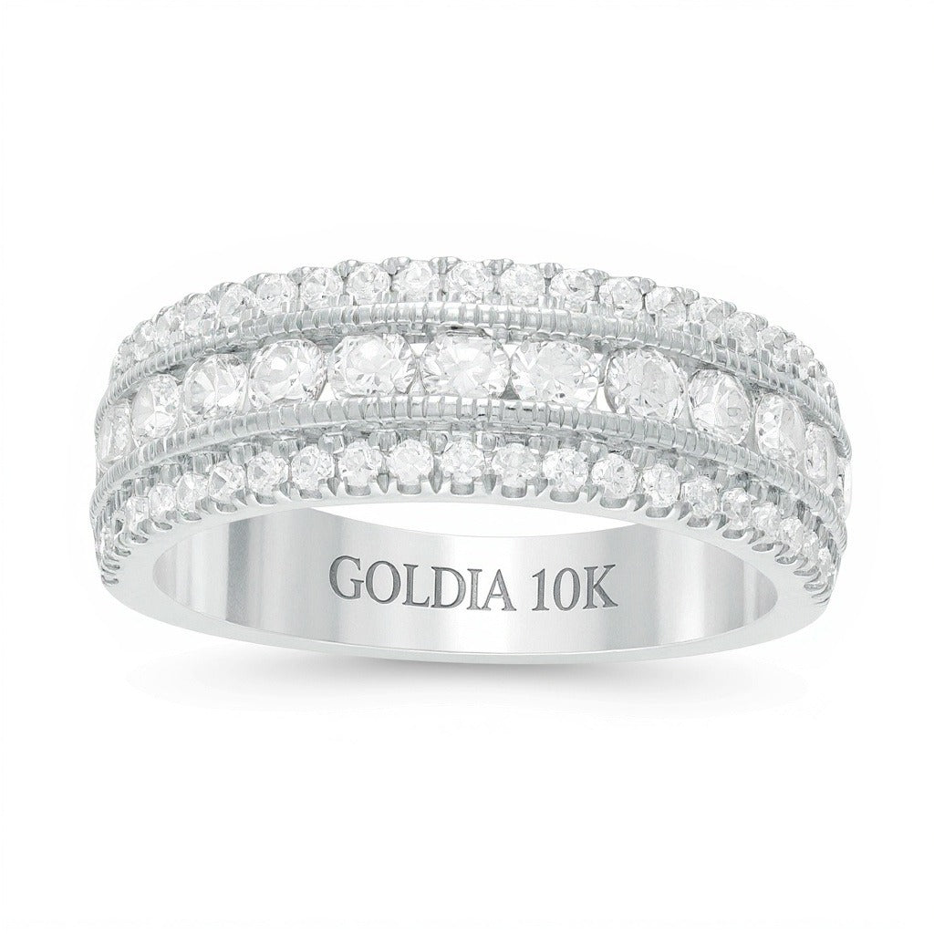 1.33 CT. TW Diamond Triple Row Vintage-Style Anniversary Ring in 10K White Gold